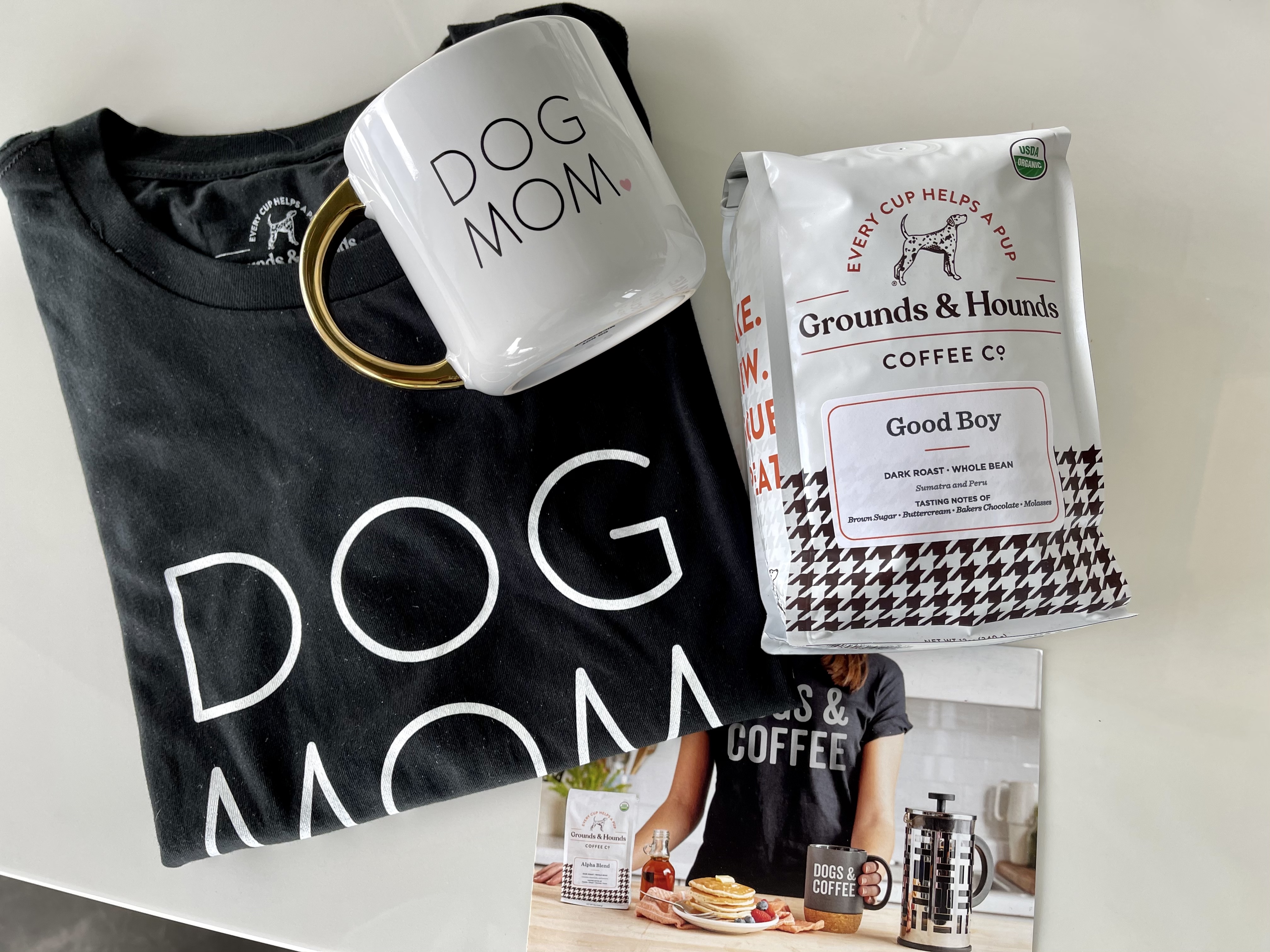 Ground and Hounds dog mom shirt, mug and Good Boy coffee