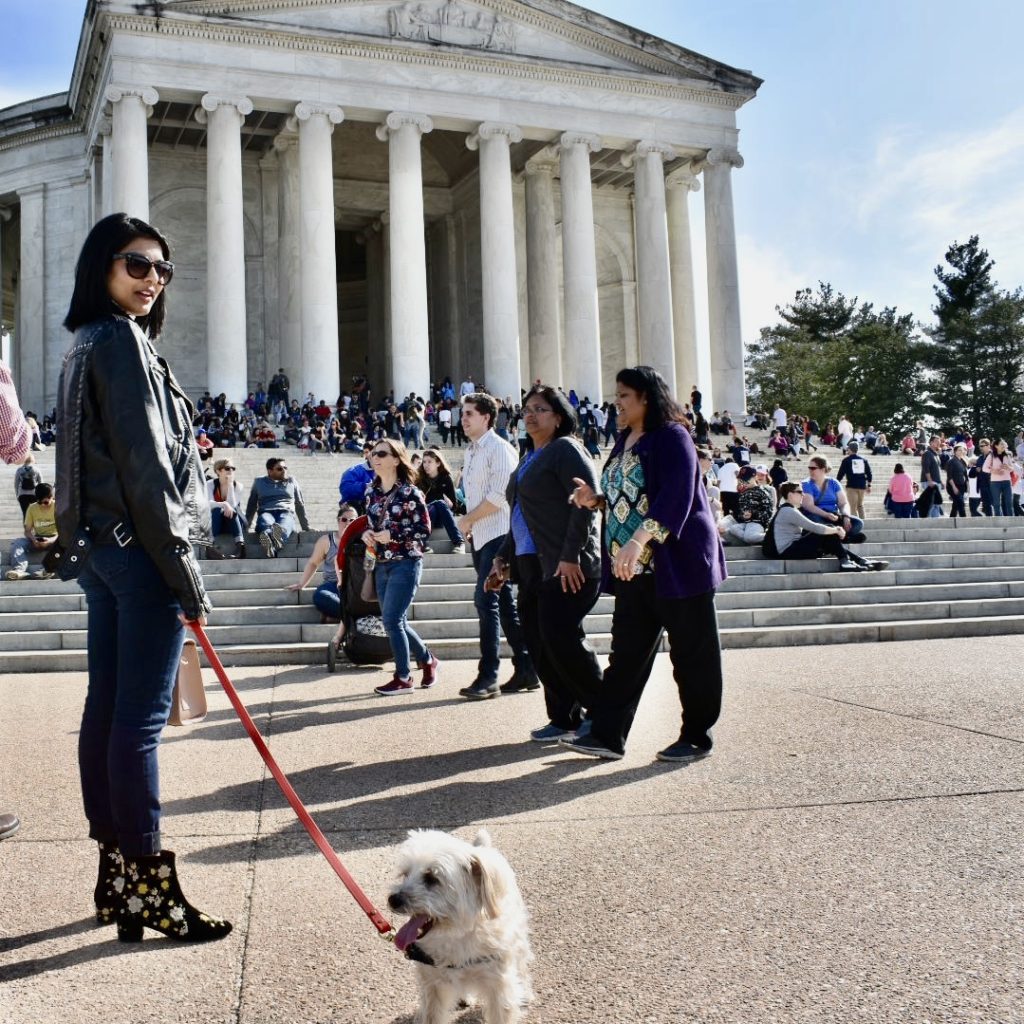 A girl and her dog stand outside the Jefferson Memorial in Washington, DC. 