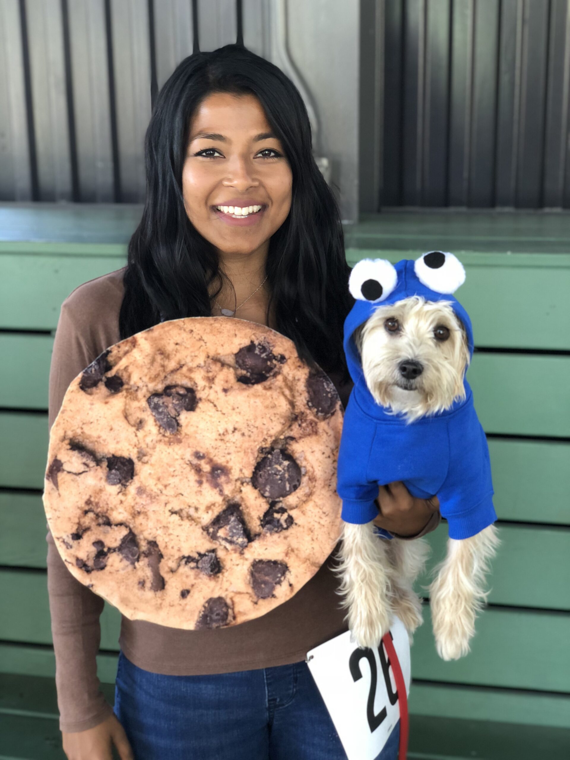 a women dressed as a cookie is holding a small dog in a diy cookie monster costume