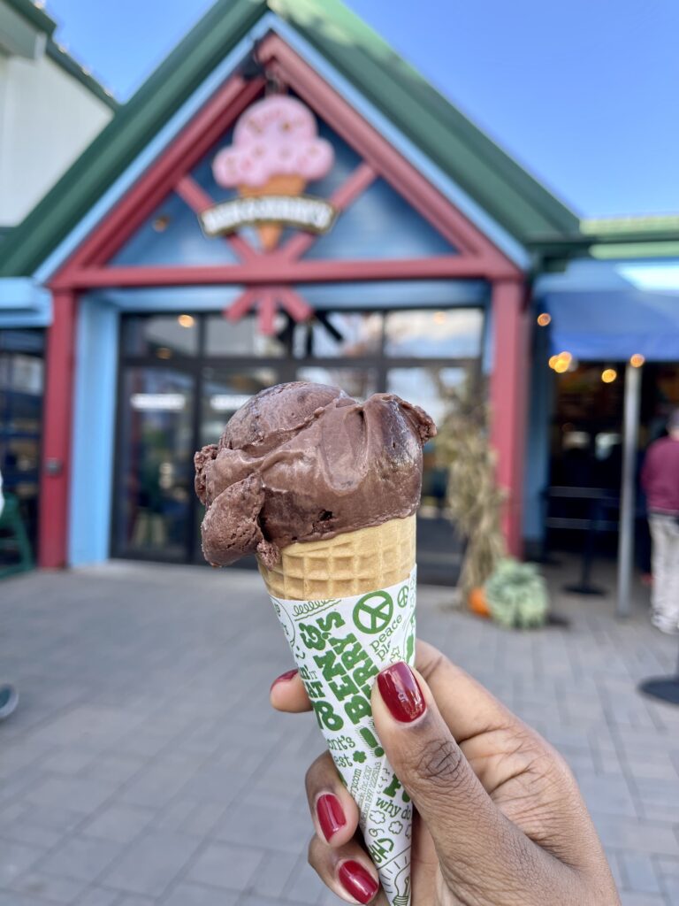 chocolate ice cream in a cone at Ben & Jerry's