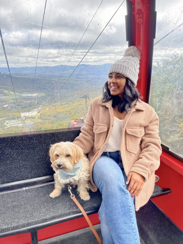 Sharon and her dog Teddy sit in a gondola at Mansfield gondola at Stowe mountain resort in Vermont