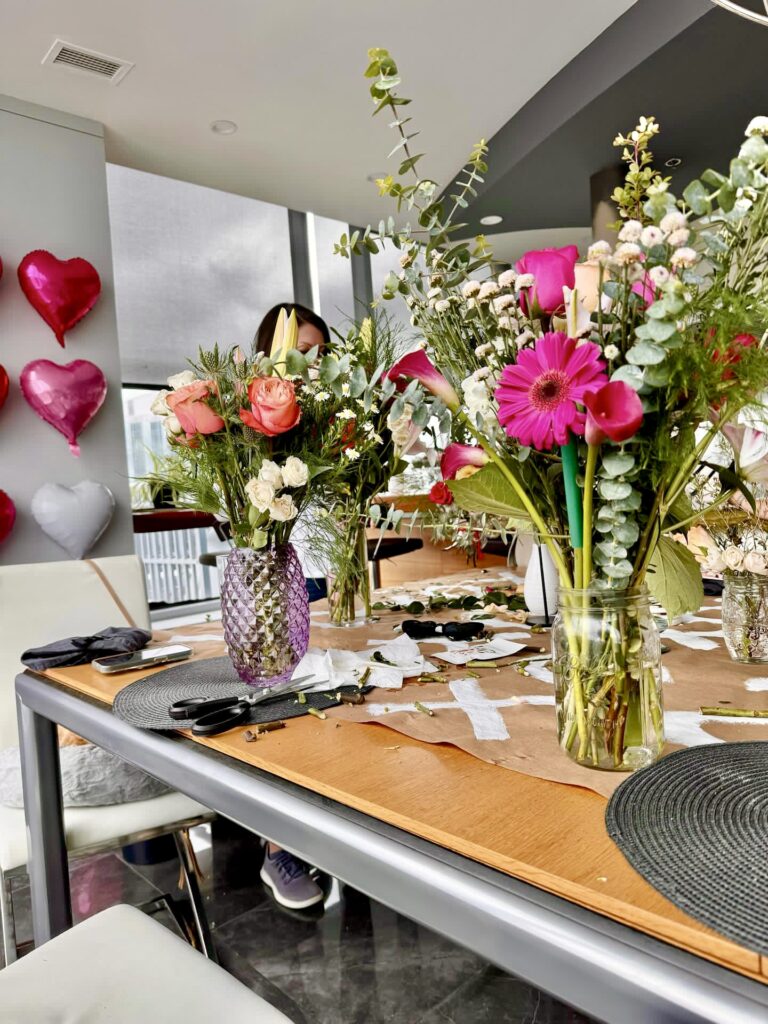 flower bouquets on a kitchen table for flower arranging party